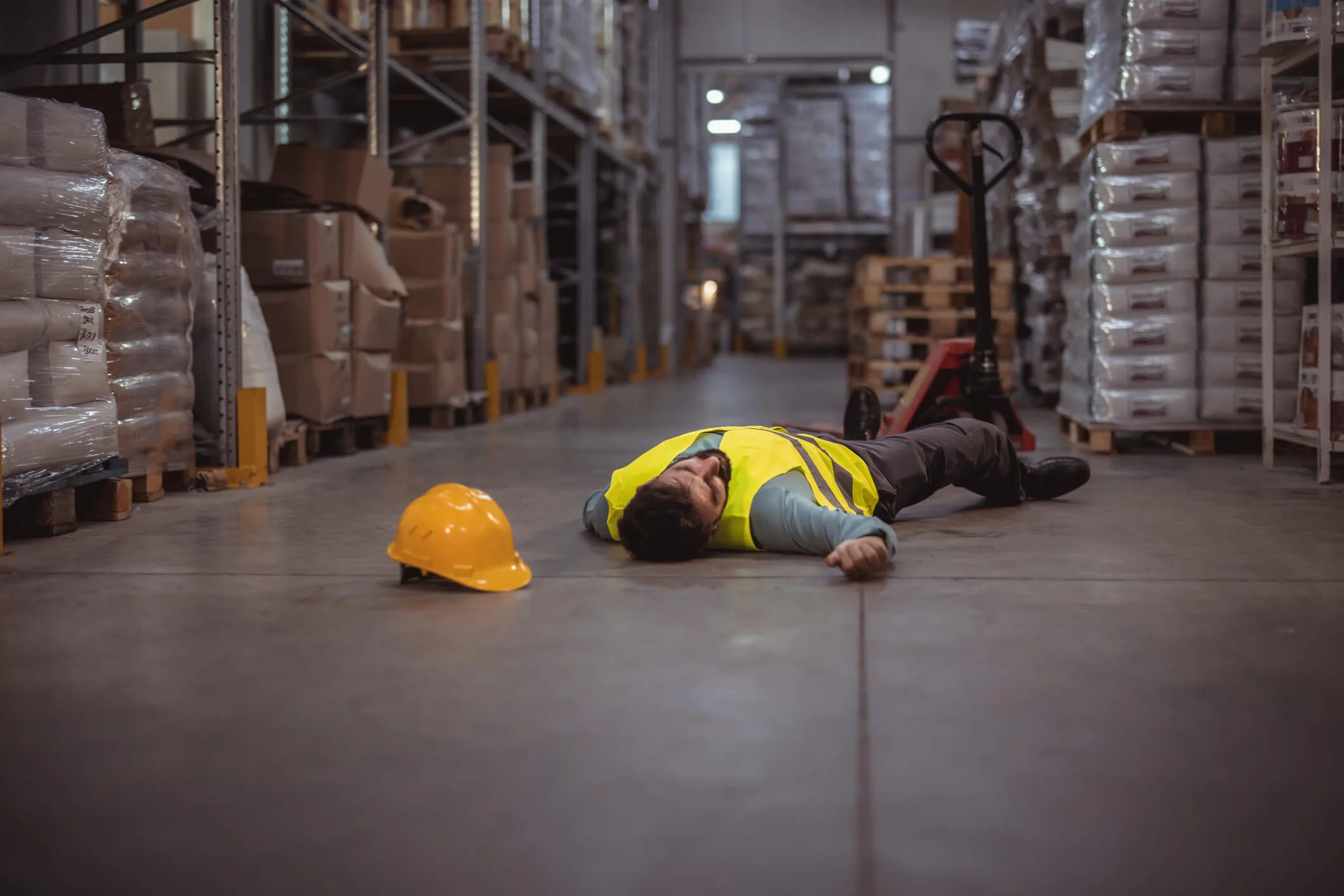 Warehouse worker lying unconscious on the concrete floor after the fall.