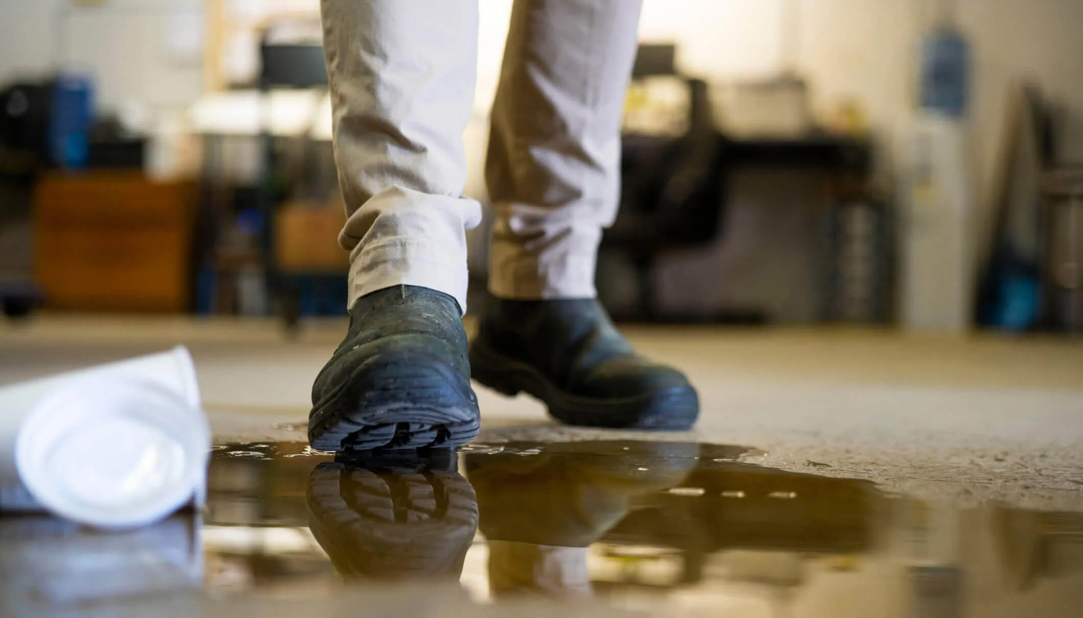 A male worker wearing work boots in a warehouse walking into a liquid spill on the floor.